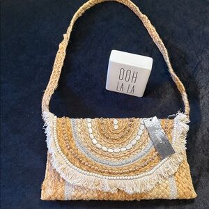 Tolani Jute Clutch Crossbody Bag with Shells Beads Rhinestones and Fringe NWT